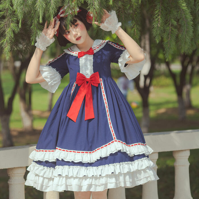 【急速出荷】ロリータ ワンピース 半袖 ドレス セーラー おとぎの国 アリス 姫ロリ ミニ丈 可愛い 豪華 フリル リボン グリム童話 ゆめかわいい ロリータファッション コスプレ レディース Lol