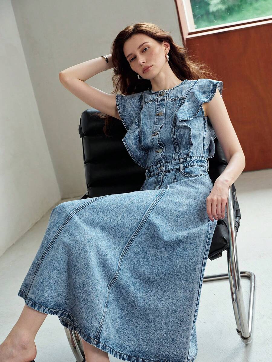リヨセル&コットンデニム ラウンドネック フリルトリム ミドル丈ドレスカジュアル&デートウェア春夏