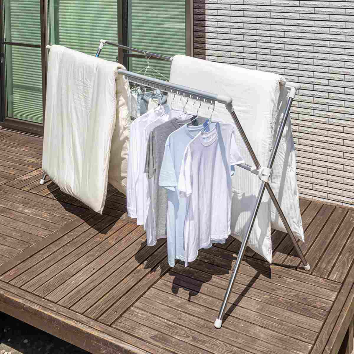 物干し 洗濯物干し 布団干し 伸縮式 X型 幅 134ー230cm 物干しスタンド 伸縮 ステンレス製 ハンガーホルダー付き 折り畳み 室内用物干し 大容量 組み立て簡単 コンパクト 収納
