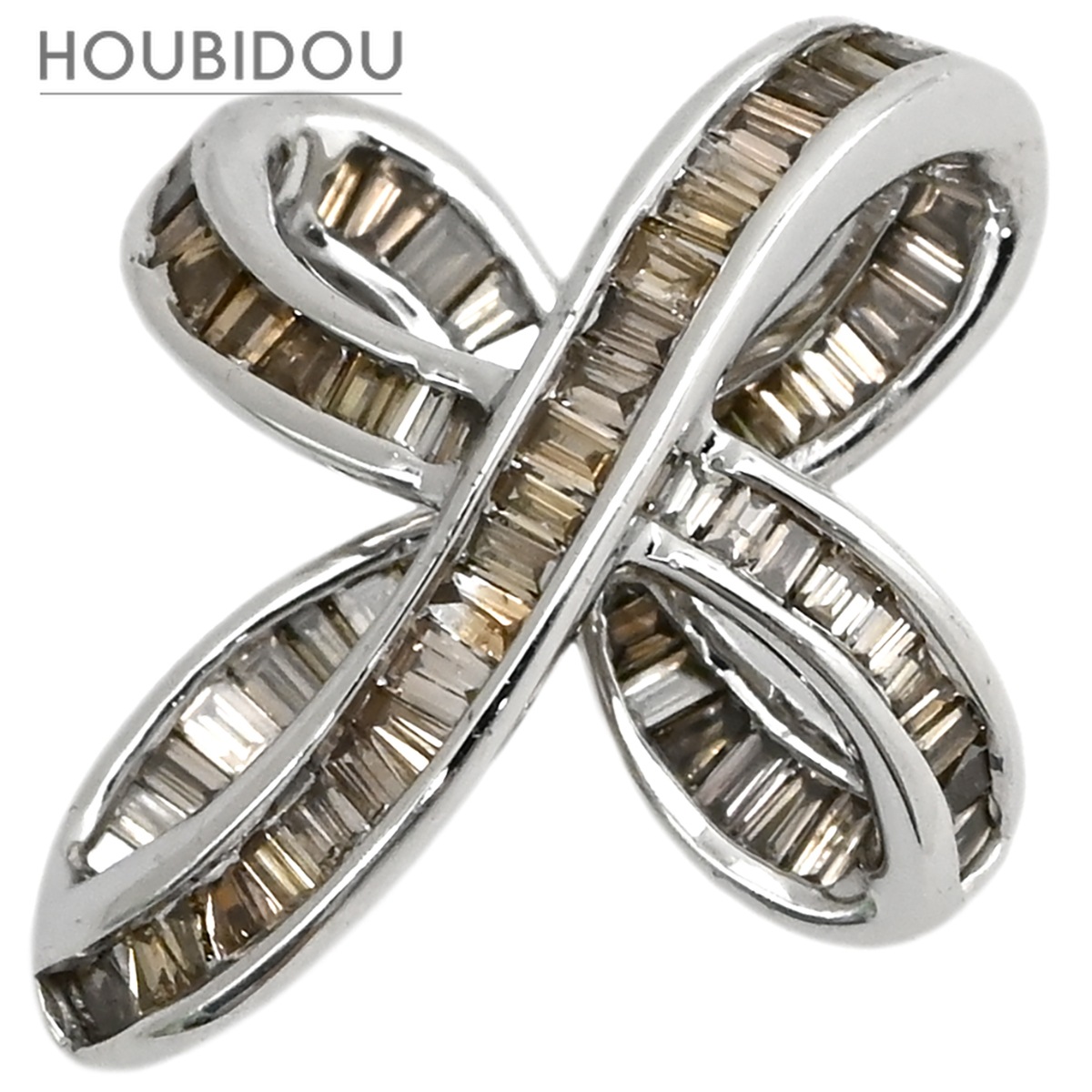 ペンダントトップ ダイヤ 0.37ct ホワイトゴールド Au750 18K WG ブラウンダイヤ バゲットカット クロスオーバーデザイン 【中古】