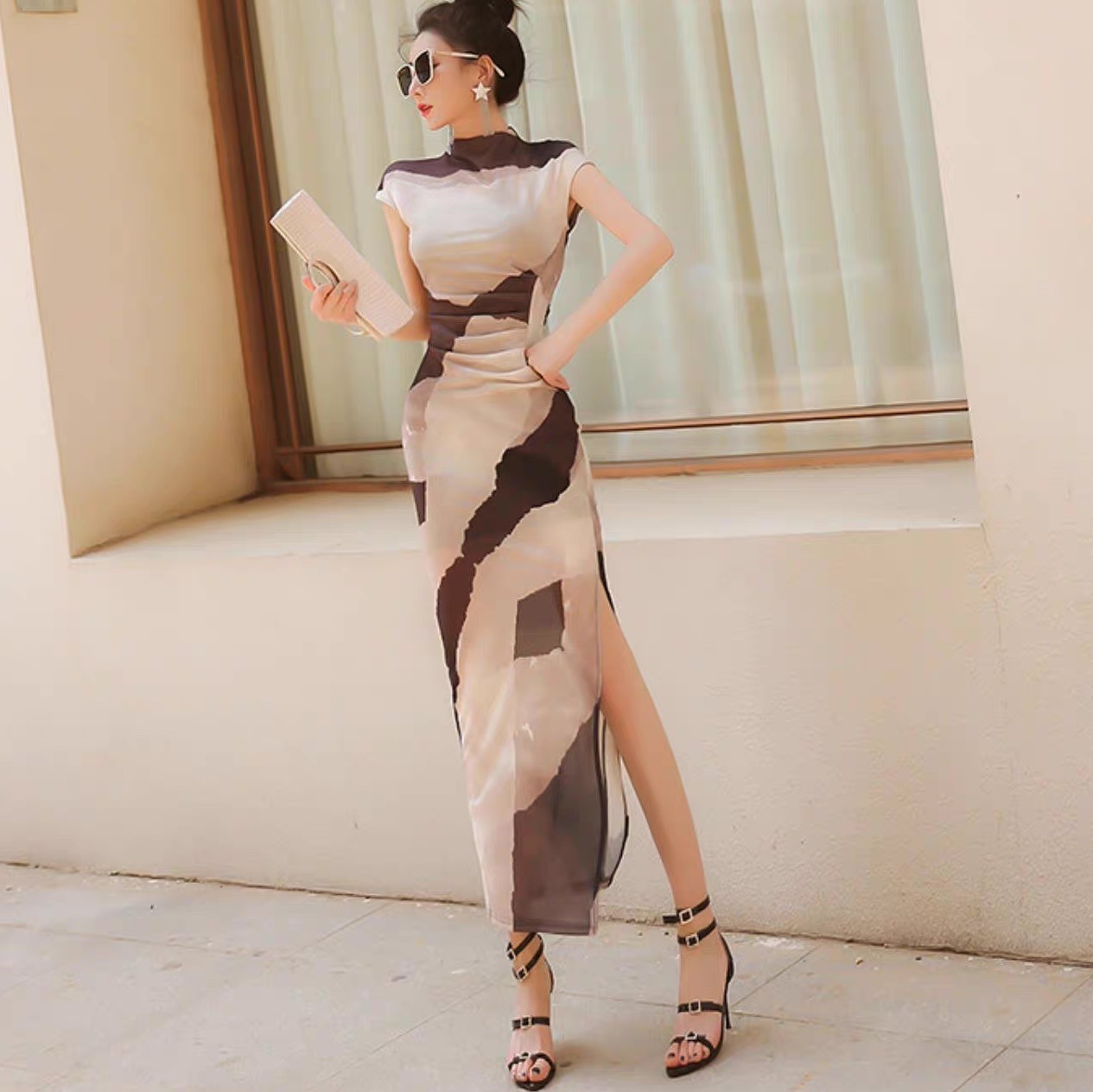 レディース ワンピース マキシ 袖なし ノースリーブ ボトルネック タイト スリム 細身 ストレート Iライン スマート フェミニン ストリート サイドスリット ハイウエスト きれいめ 上品 おしゃれ