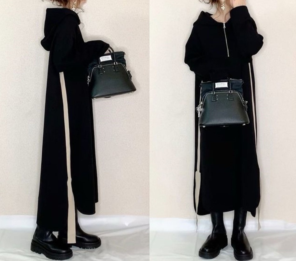 【人気高い】 無地 配色 切り替え ジッパー 長袖 フード付き ロング カジュアルワンピース