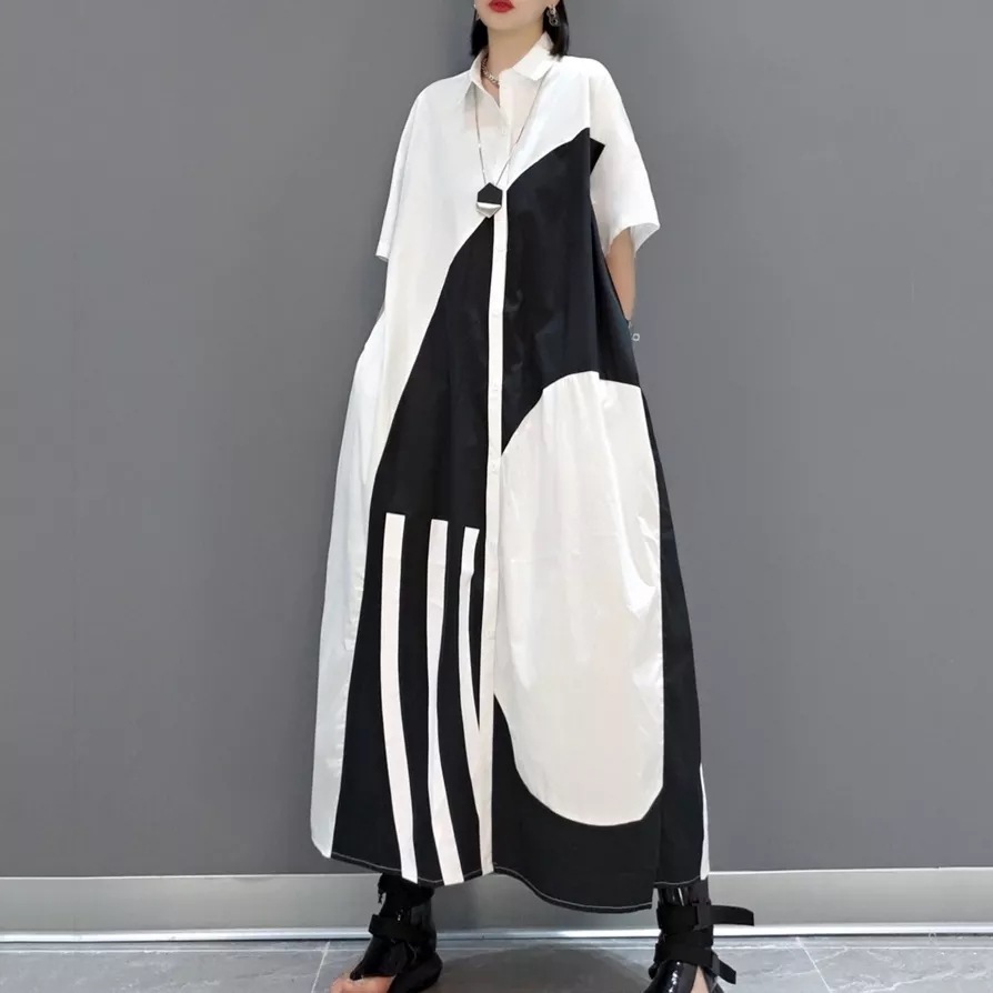 【お洒落上級者】 シャツ プリント ボタン マキシ丈 カジュアルワンピース