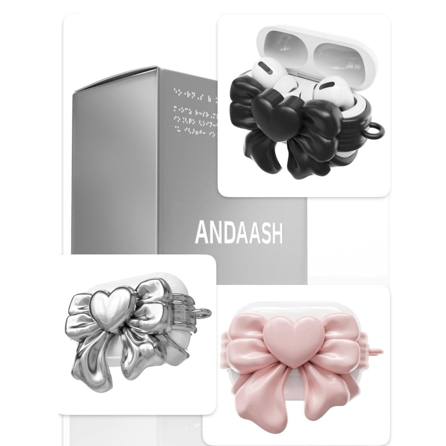 [ ANDAASH ] Airpods BOW 01 BLACK, PINK, SILVER(pro2, 3)