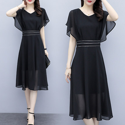 シフォンワンピース ワンピース フレアワンピース ワンピドレス ひざ丈 膝上 袖あり 半袖 フレアスリーブ Vネック フレア シフォン ウエストマーク ハイウエスト 綿 ポリエステル かわいい