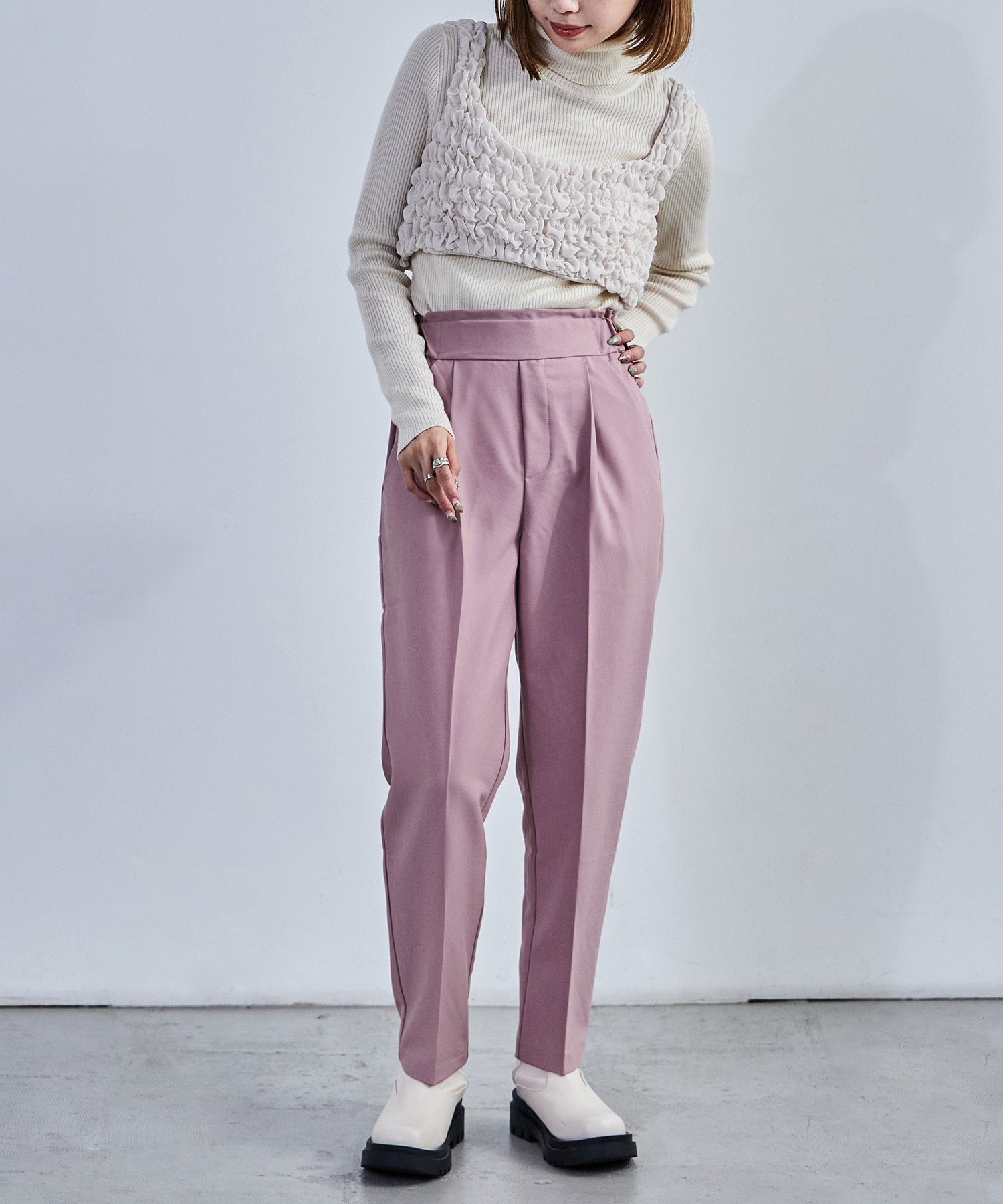 ハイウエストテーパードスラックス スラックス ハイウエスト タック テーパード レディース ウエストゴム カラバリ豊富 春夏 秋冬 オールシーズン ボトムス スタイルアップ 美脚見せ 低身長