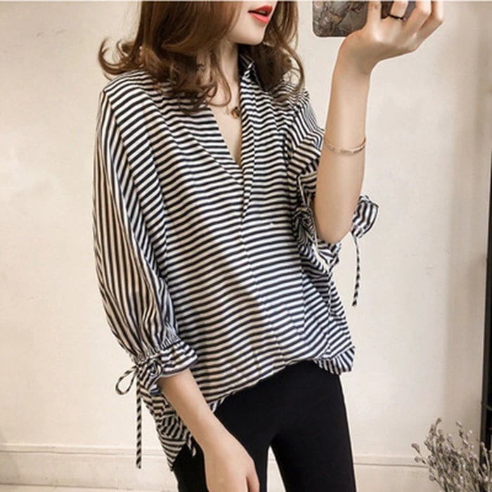 シャツ ブラウス レディース 七分丈袖 トップス 大きいサイズ ストライプ柄 Vネックゆったり カジ