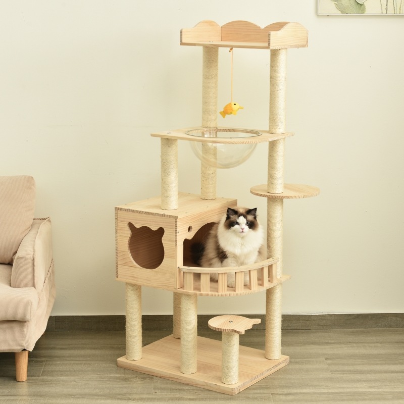 キャットタワー 木製 天然木 据え置き 宇宙船付き 猫タワー 展望台 隠れ家 季節問わず 階段 機能満載 爪とぎ 多頭飼い 安定感 頑丈 省スペース 猫ハウス 上りやすい クリアボウル キャットポ