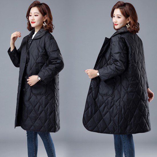 【取寄：納期2週間】キルティングコート レディース コート キルティングジャケット ジャケット アウター 羽織 長袖 襟あり ブラック 黒 ミディ丈 シンプル 無地 ボタン ポケット カジュアル