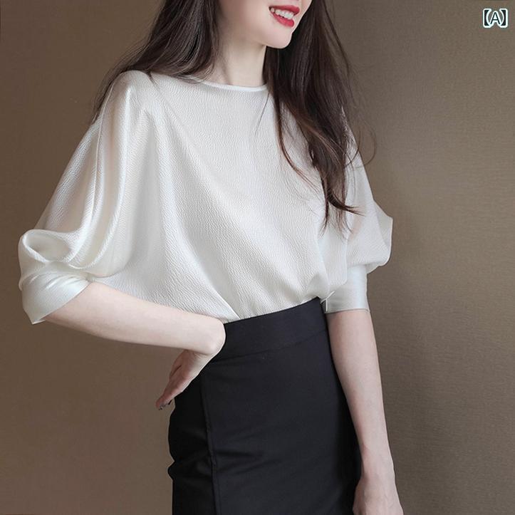 パフスリーブ トップス レディース 夏 涼しい 半袖 ラウンドネック プルオーバー サテン 薄手 オフィス ビジネス 大人 上品 白 青 無地