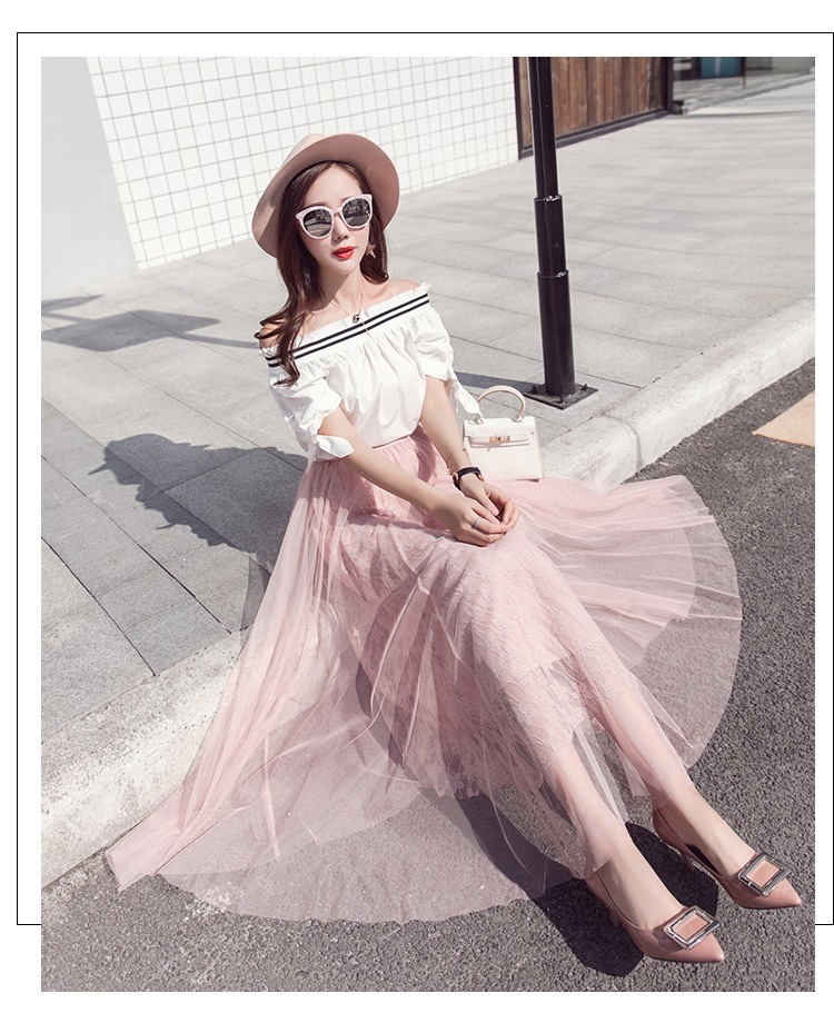 3118.ウエストゴム チュールプリーツロングスカート（ピンク）