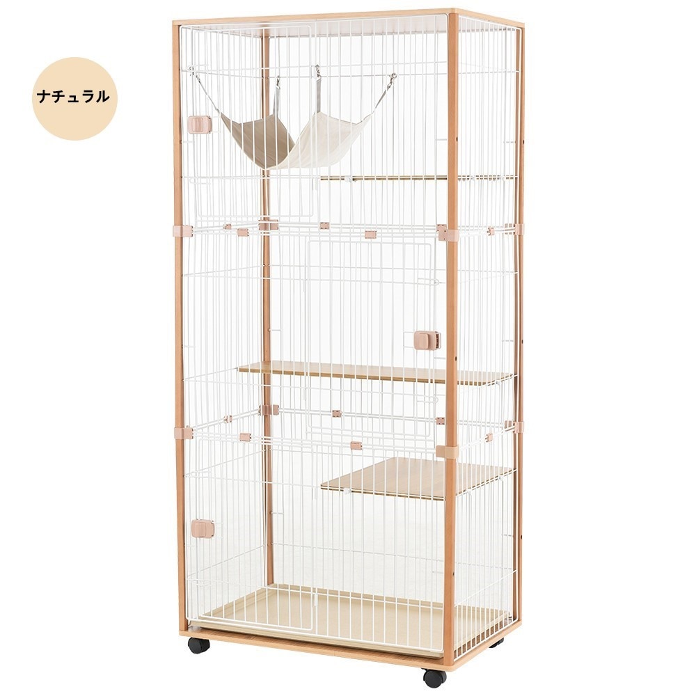 【国内即発送】猫 キャットケージ ケージ 木製 キャットハウス ネコ ハウス 留守番 保護 脱走防止 多頭飼い 多頭 スチール 三段 （ナチュラル）