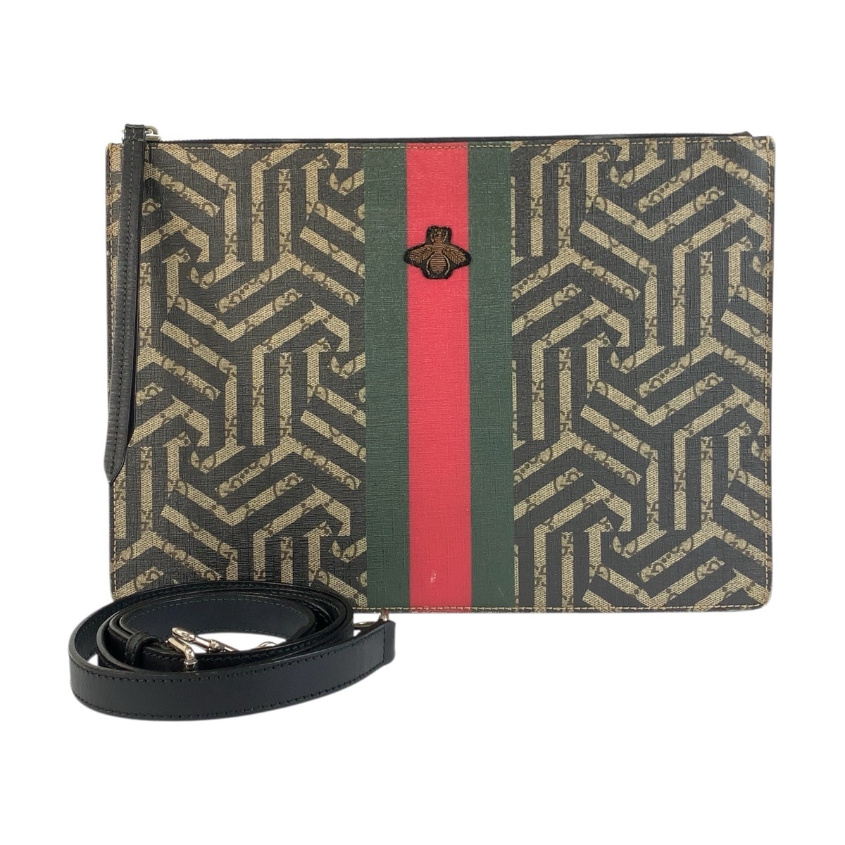 美品 GGカレイド シェリーライン ベージュ ブラック シルバー金具 GGスプリームキャンバス/レザー 429004 ショルダーバッグ クラッチバッグ メンズ 600150