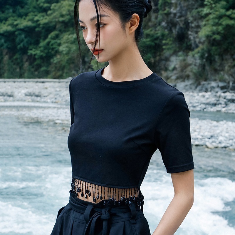 ショート丈トップス レディース 切り替えtシャツ 短いT シャツ カットソー 半袖 夏 黒 ラウンドネック フリンジ セクシートップス