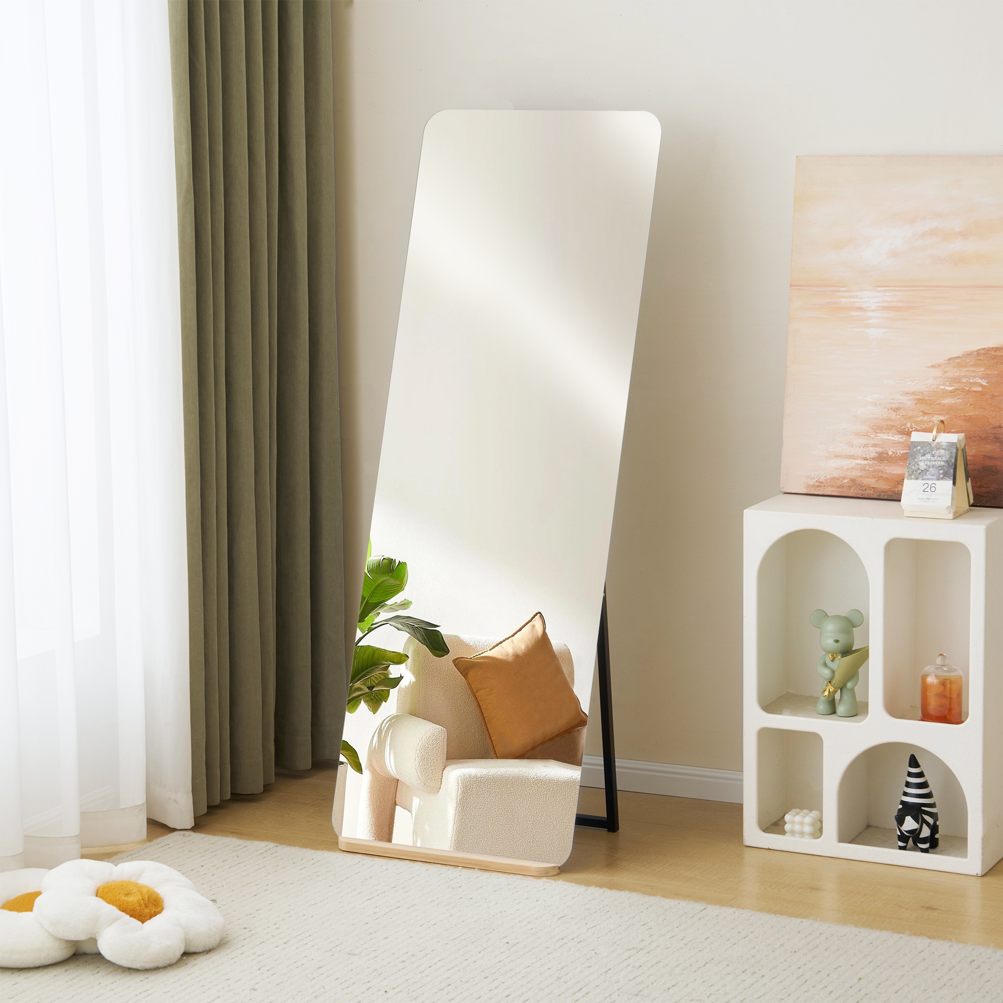 【国内出荷】【丸角長方形LEDなし】【55×155cm】全身鏡 ミラー 玄関 全身 姿見 おしゃれ ウェーブミラー スタンド 壁掛け 立て掛け DIY 自撮り鏡 姿見 ミラー 鏡 壁掛け鏡 全身鏡 飛