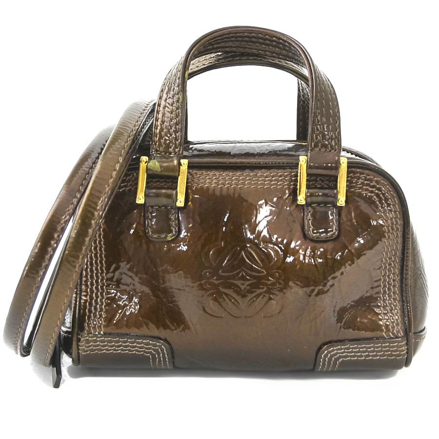 ロエベ LOEWE 斜め掛けショルダーバッグ ミニハンドバッグ アナグラム エナメル ブラウン ゴールド レディース e60377a