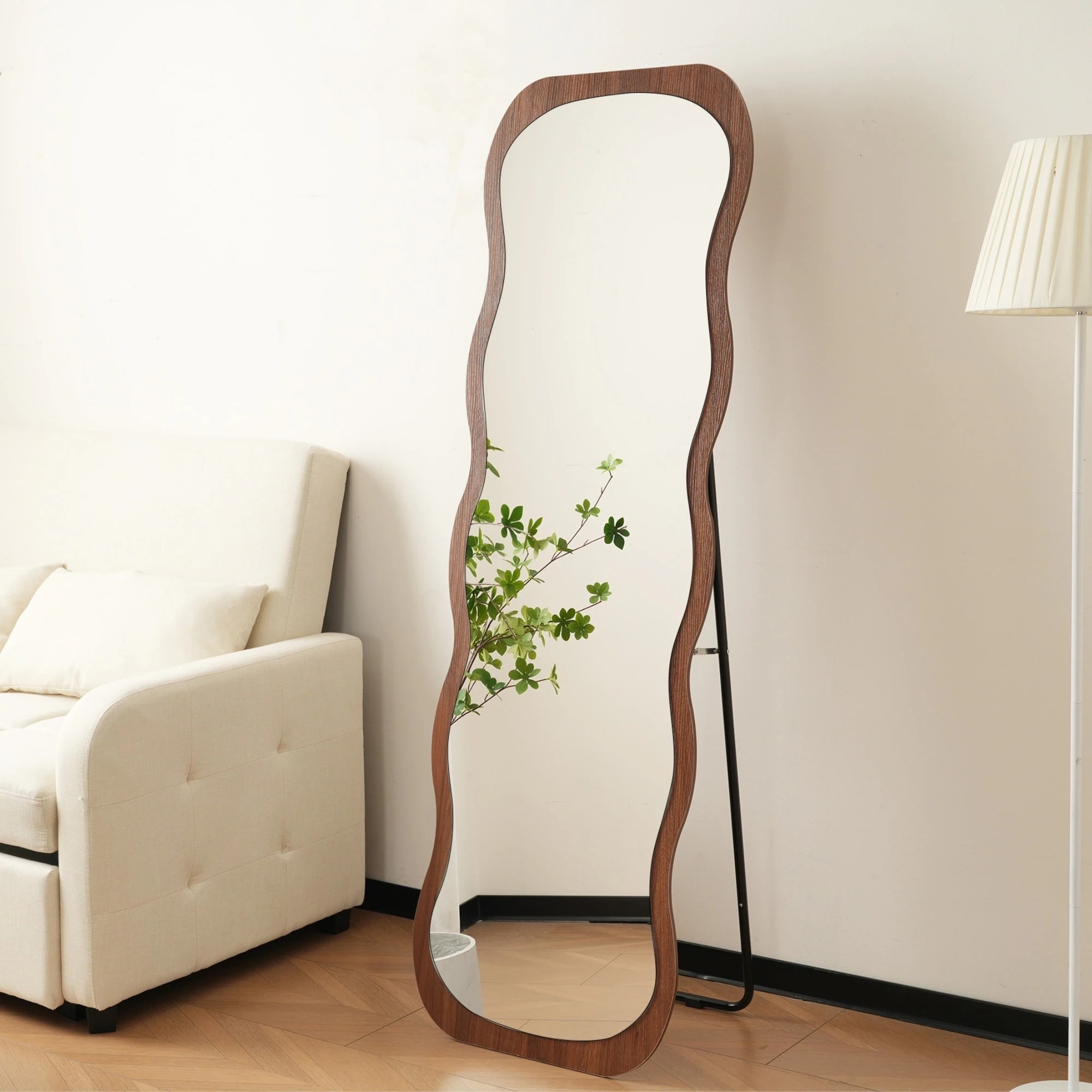 全身鏡 波形状 姿見鏡 木目調 スタンドミラー 壁掛けミラー 立てかけ 姿見 鏡 ミラー おしゃれ 飛散防止 160*50CM ブラウン MDF+glassG