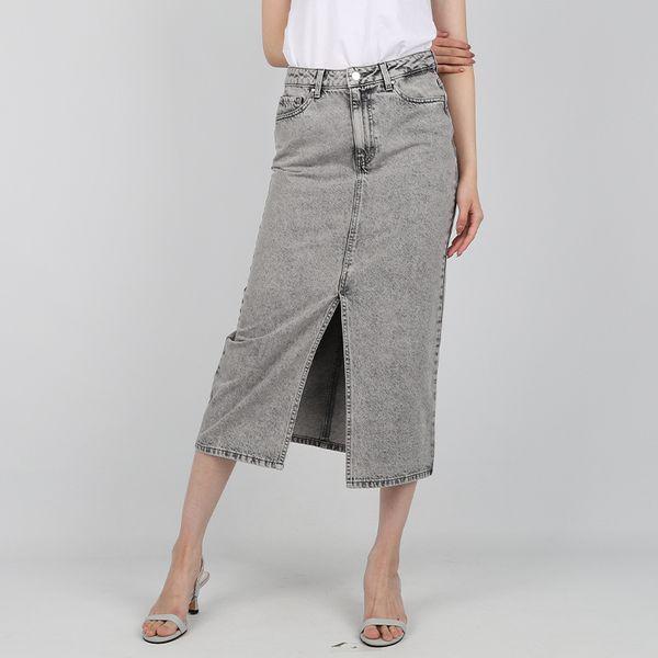 女性デニムスカート ブリーチド フロントスリット ロングスカート グレー YP2D5563_P417778129