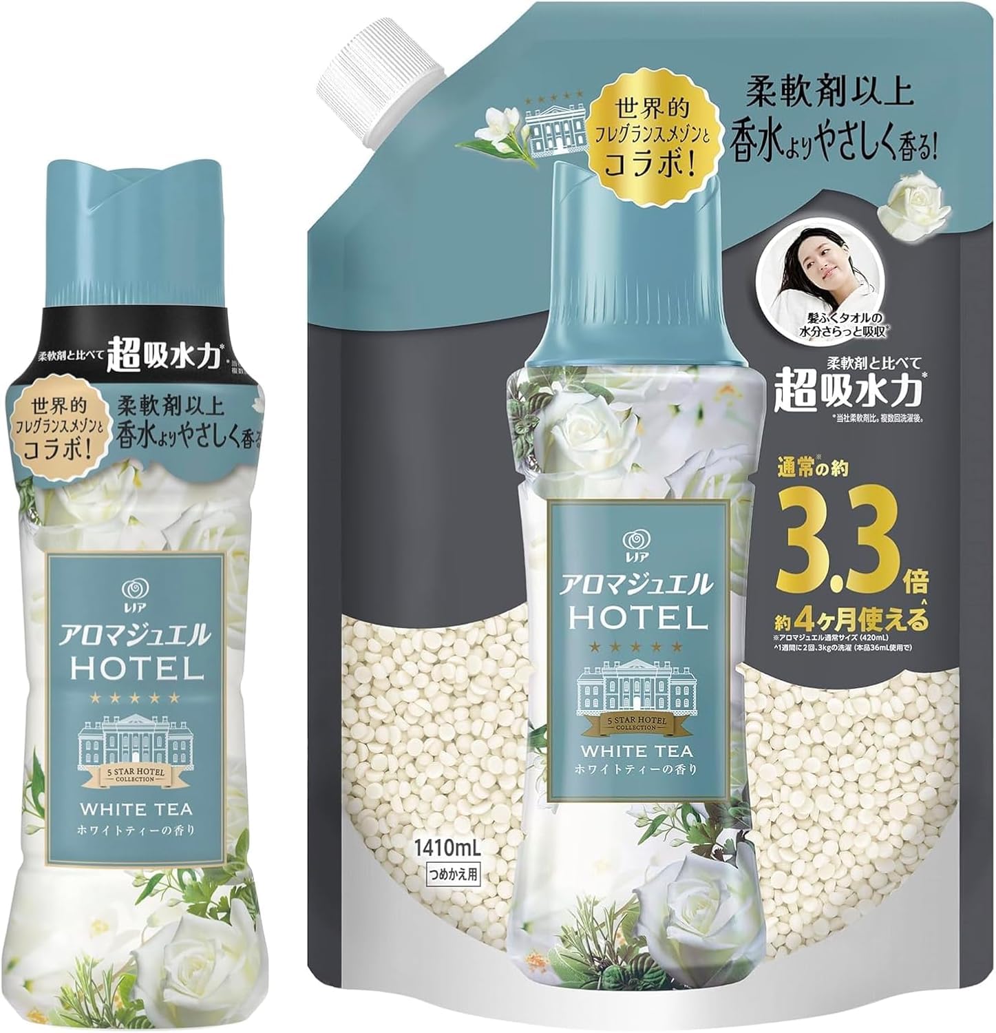 【まとめ買い】レノア ハピネス アロマジュエル ホワイトティー 香り付け専用ビーズ 本体 420ml ＋つめかえ用超特大サイズ1410ml