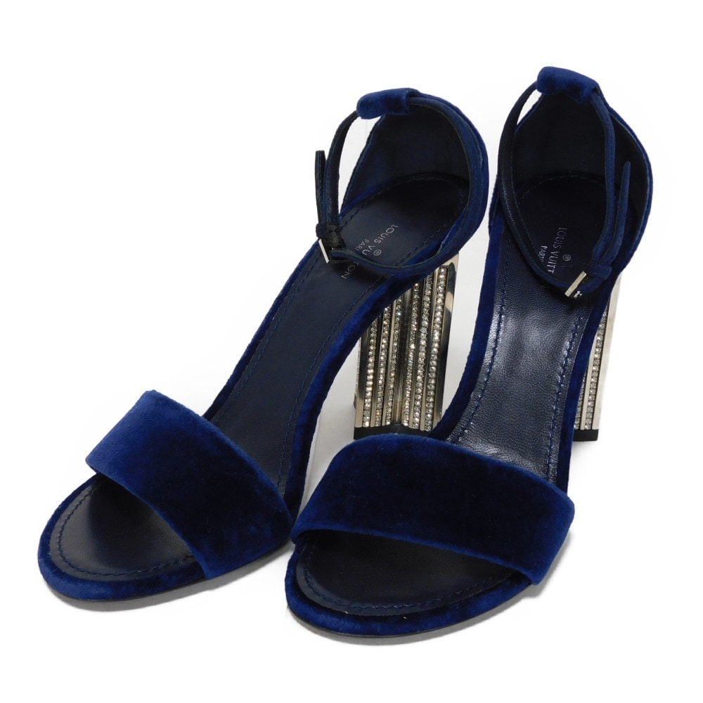 【中古】 パンプス 38 ビジュー ラインストーン ネイビー 24.5cm アンクル ストラップ フラワー クリスタル