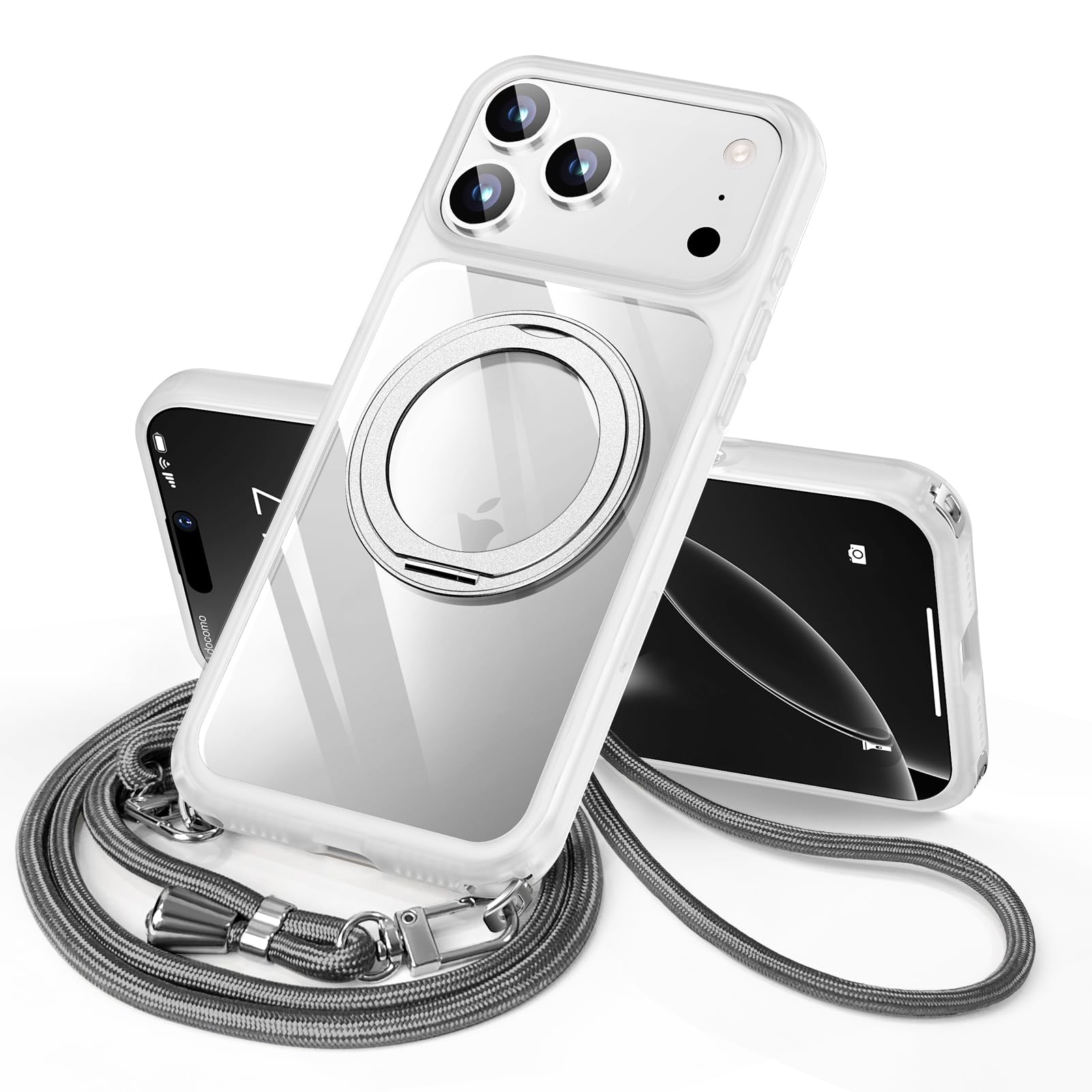 LUTSIDUTA iPhone 17 Pro 用 ケース ダブルリング付き ショルダー ストラップ付き 多機能360度回転スタンド MagSafe対応 ワイヤレス充電対応 耐衝撃 カメラレンズ保護