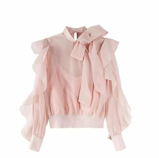 ブラウス シフォンブラウス シースルー ハイネック リボン ガーリー 上品 ピンク 長袖 春夏 通勤 かわいい 大人っぽい 大きいサイズ XL ビッグリボン パステル 韓国スタイル フォーマル 無地