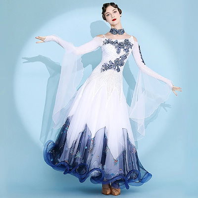 社交ダンスドレス 水色 フラワープリント 社交ダンスドレス L サイズ