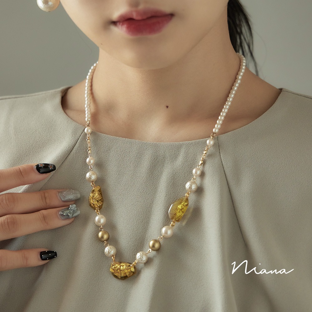 ネックレス 金箔 クリア パール 小粒パール ロング レディース アクセサリー ジュエリー ゴールド 上品 ゴージャス 普段使い フォーマル パーティー 結婚式 セレモニー 入学式 卒業式 成人式