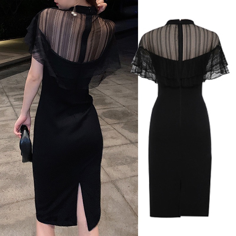 【大きいサイズあり】ブラック ワンピース ドレス ガーゼ デコルテ 半袖 気質アップ お呼ばれコーデ パーティー 綺麗め シースルー a4357 5,169円