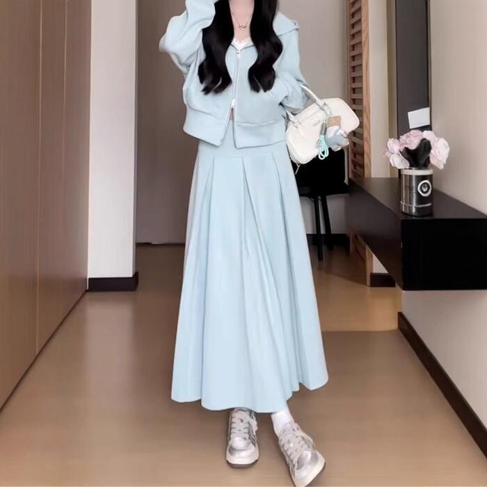 セットアップ レディース パーカー カーディガン スカート ボックスプリーツ 長袖 カットソー 2点セット エレガント カジュアル きれいめ フェミニン ミモレ丈 大人 可愛い おしゃれ リラックス