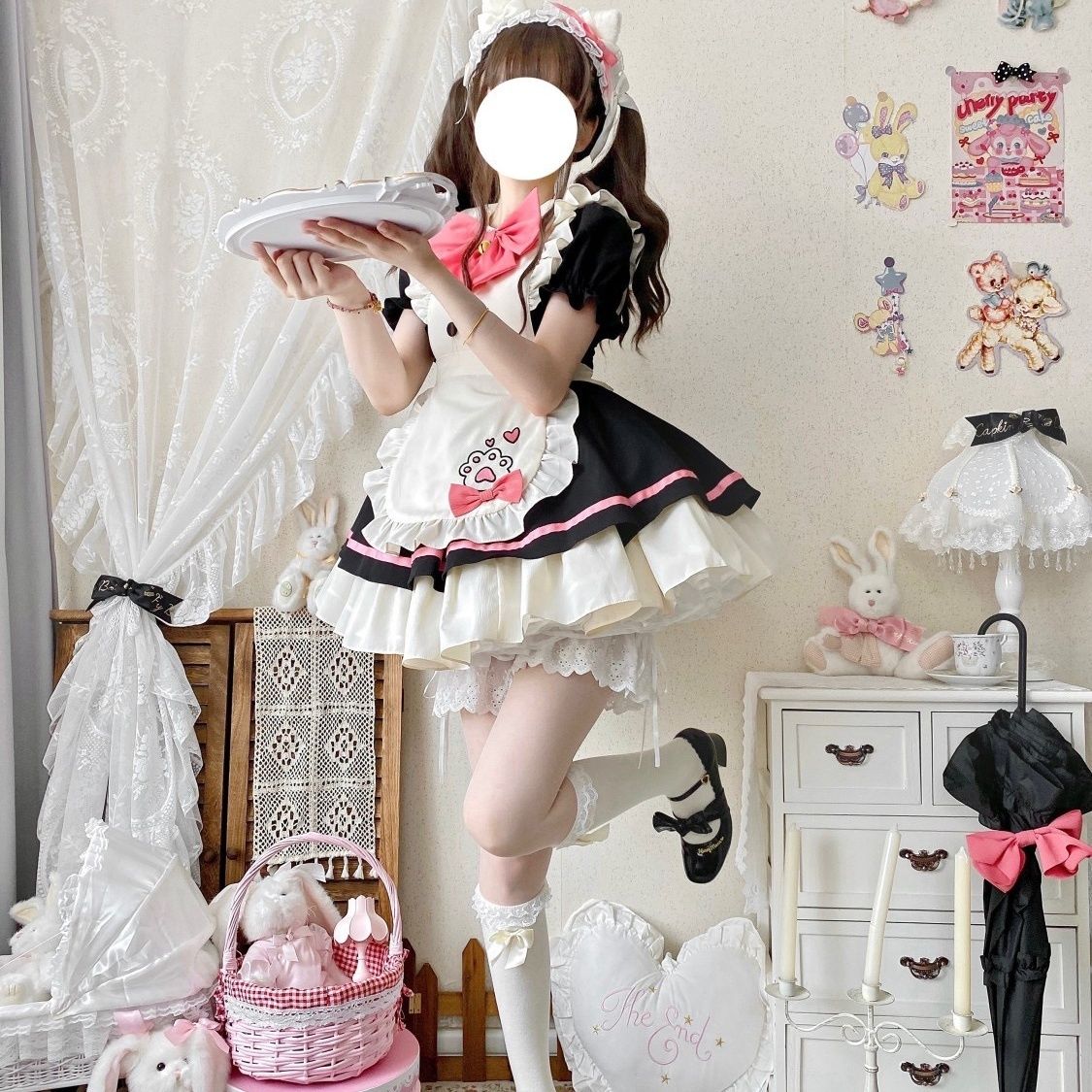 [急速出荷]ロリータ セット 新作 猫レストランかわいいopワンピースエプロンロリータ美少女(最安値保証)