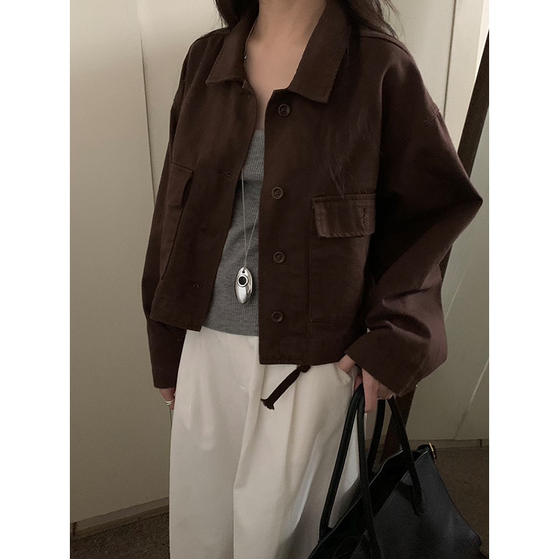 秋綿麻ワークウェア風ラペル巾着ショートジャケット W1173