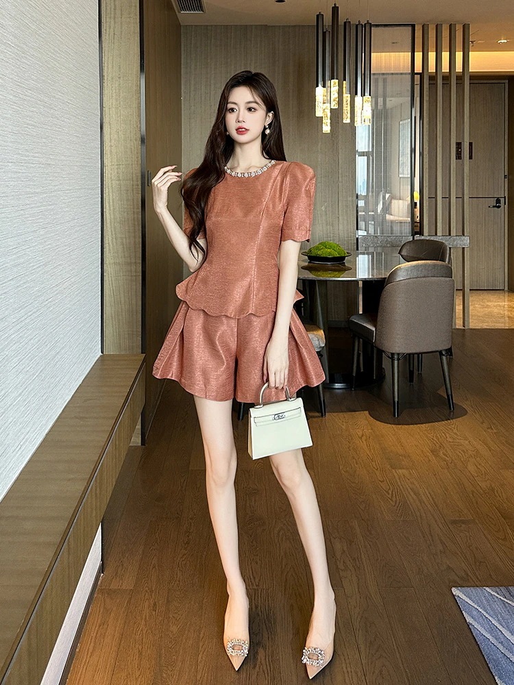 【3日で出荷】夏新品 上下セット フランス風 ブラウス+ショートパンツ ハイウエスト レディースセットアップ パーティー キャバ 大人 同窓会 披露宴 卒業式 結婚式 演奏会 ウェディング