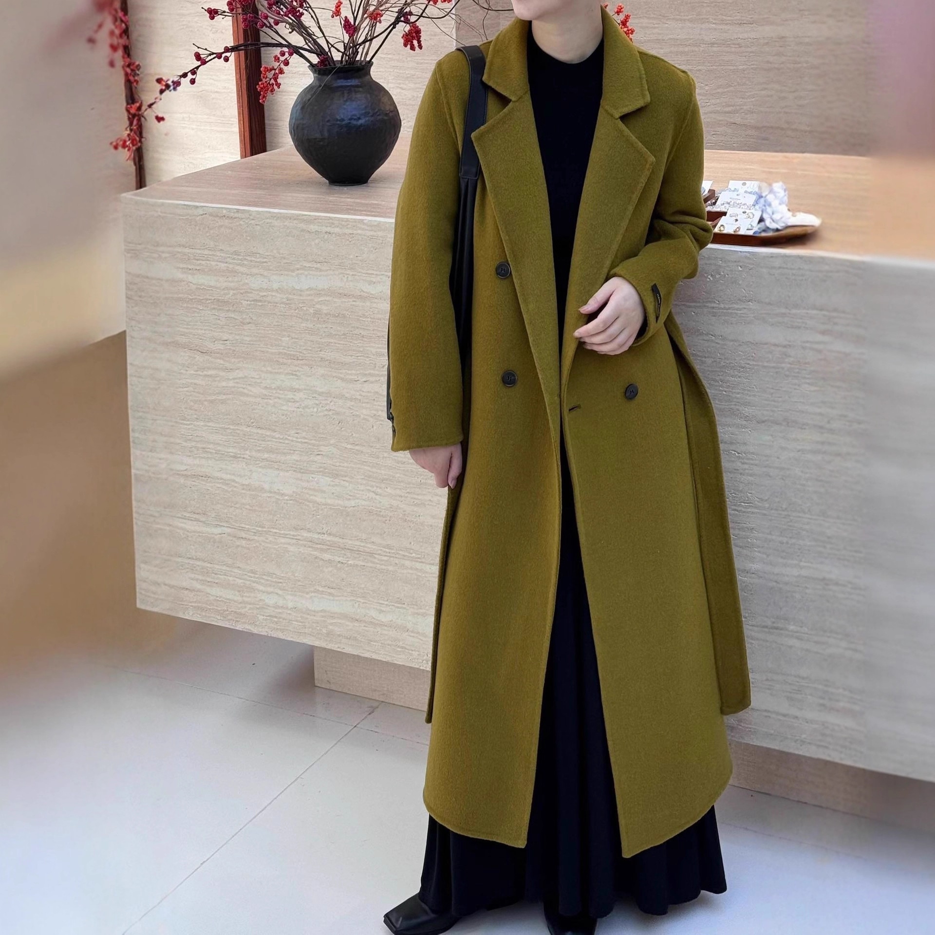 2025冬 ロングベルト両面ウールコート 厚手ダブルブレストhバージョン あったかカシミヤウールコート