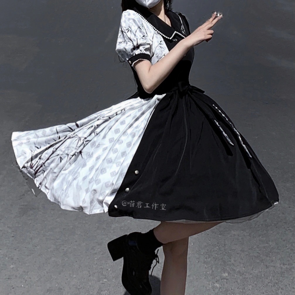 在库限りです! 【フルセット】墨竹白黒色合わせ韓国lolitacos要素新韓国ワンピース 12,352円