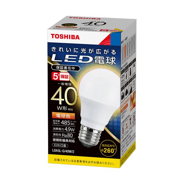 （まとめ）東芝ライテック LED電球 一般電球形 E26口金 4.9W 電球色 LDA5L-G/40W/2 1個 10セット