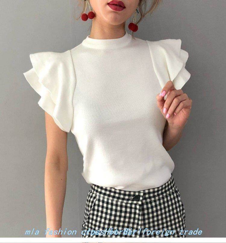 ニット レディース トップス セーター フリル スリーブ 半袖 ハイネック ボトルネック かわいい 大人 きれいめ シンプル カジュアル こなれ感 無地 ホワイト ブラック 通勤 通学 春 大人可愛い