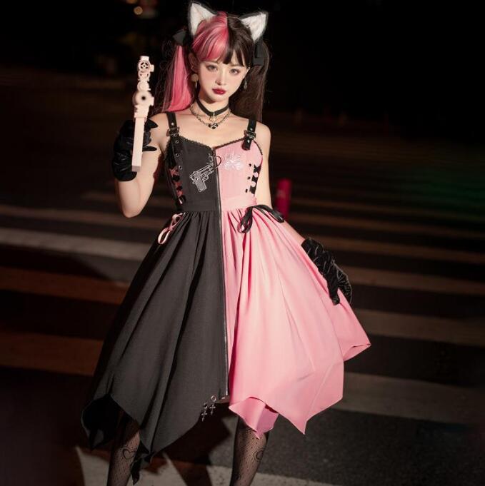 可愛いロリータワンピース キャミソール ロリータ服 ハロウィン コスプレ イレギュラー裾 膝丈ワンピース 発表会 文化祭 学園祭 撮影衣装 パーティードレス 萌え萌え 色スプライス 新作