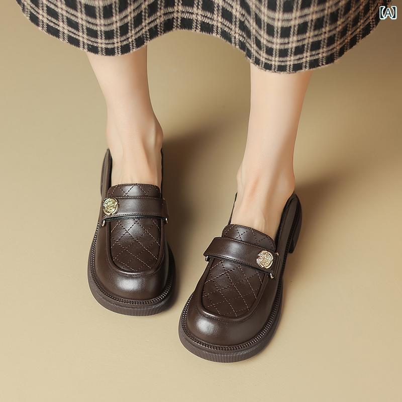 ローファー レディース 通学 通勤 学生 カレッジ 仕事 オフィス 春秋 ブラウン最上層 牛革 女性 快適 ソフト ソール 厚手 ヒール ラウンドトゥ 深口 シングル シューズ