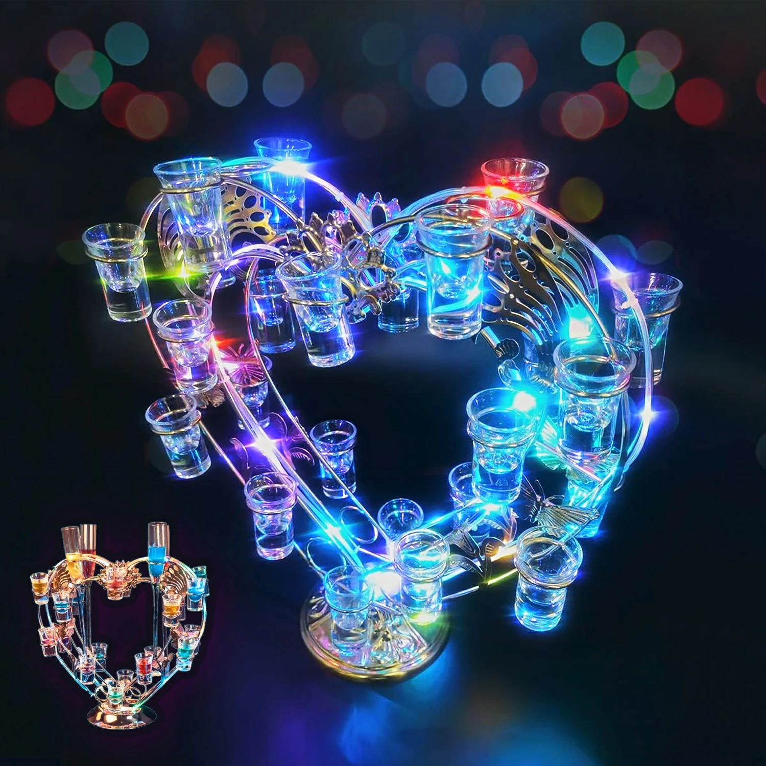 ワイングラス LED酒グラス棚 観覧車 酒カップホルダー 酒グラススタンド LEDランプデザイン 金属製 卓上自立型 USB充電式 コードレス 操作簡単 雰囲気作り 忘年会 新年会 居酒屋 装飾