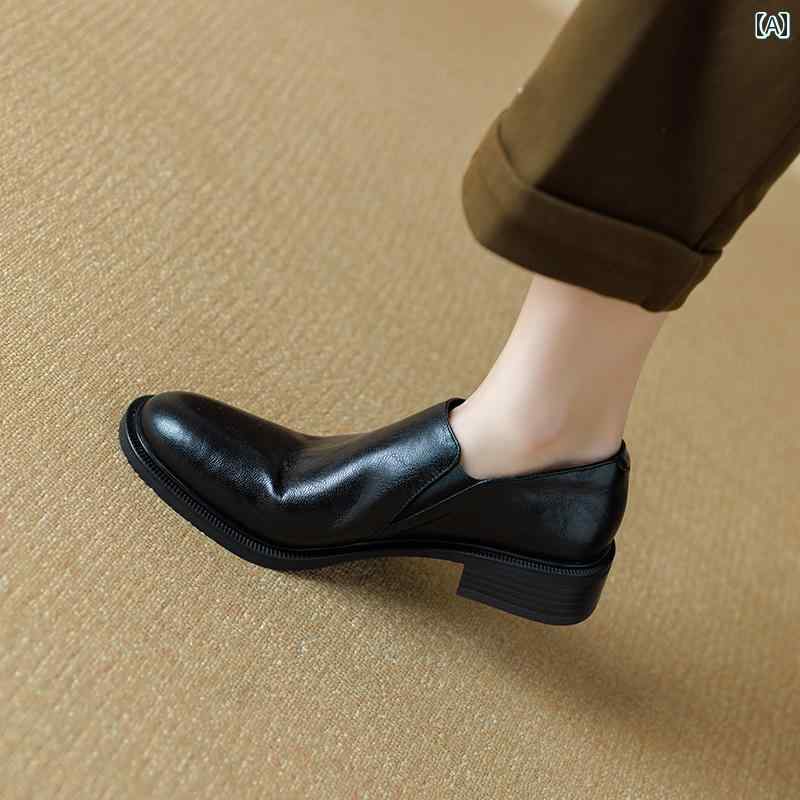 ローファー レディース オフィス カレッジ 通勤 通学 仕事 レトロ ブラウン 深口 シングル シューズ 英国風 スモール レザーシューズ 太 ヒール ミディアム ヒール スリッポン ソフトレザー 作
