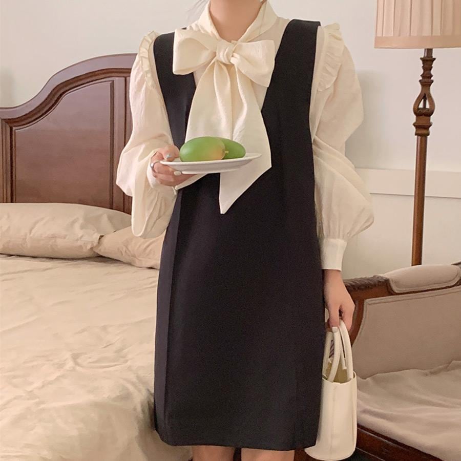 3日以内に出荷 2025新品 品ブラウス ボウタイ ワンピース セットアップ レディース 秋 春 しゃれ かわいい きれいめ パフスリーブ 長袖品ブラウス ボウタイ