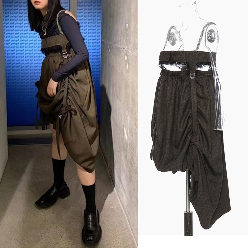 チェーン キャミワンピ 透かし彫り おしゃれ 飾りワンピース 巾着 皺 レディース ワンピース