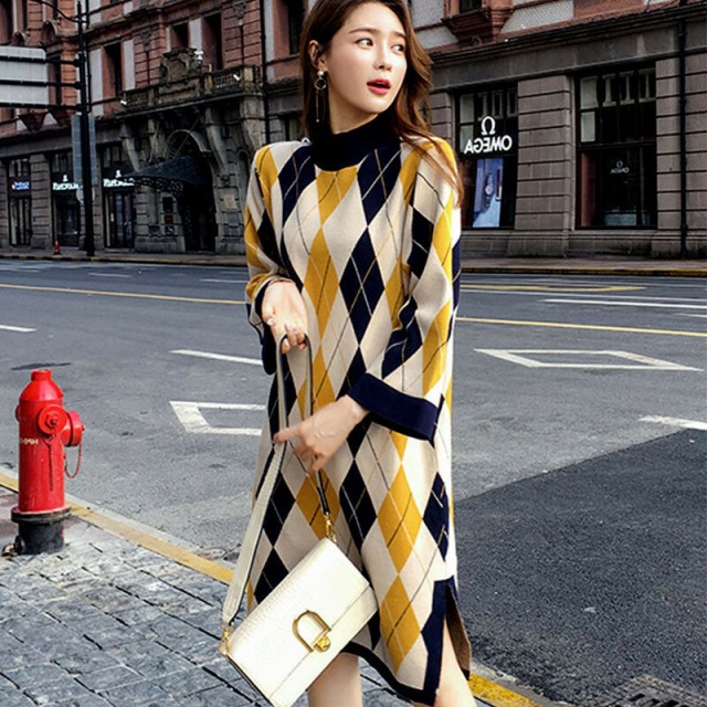 ニットワンピース アーガイル柄 ウエストベルト 膝丈 ハイウエスト きれいめ こなれ感 レディース