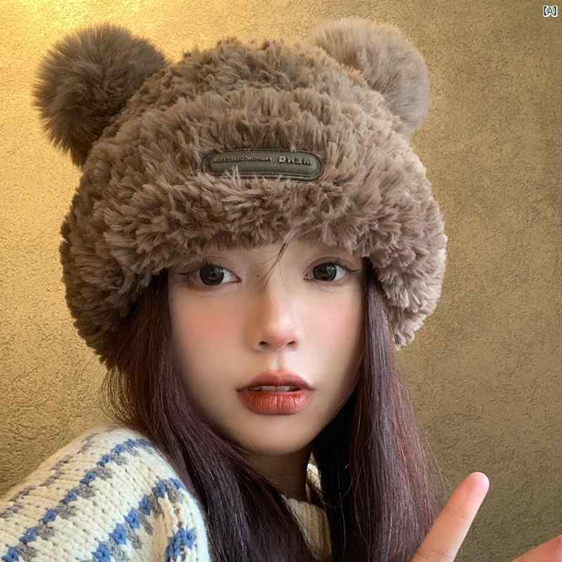 レディースファッション　ファッション小物　オシャレ 秋冬 かわいい クマ ウール 帽子 韓国 顔 小柄 暖かい ニット 帽 頭囲 大きく 耳保護