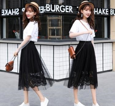 3084.カジュアル プリーツロングシフォンスカート（ブラックレース）