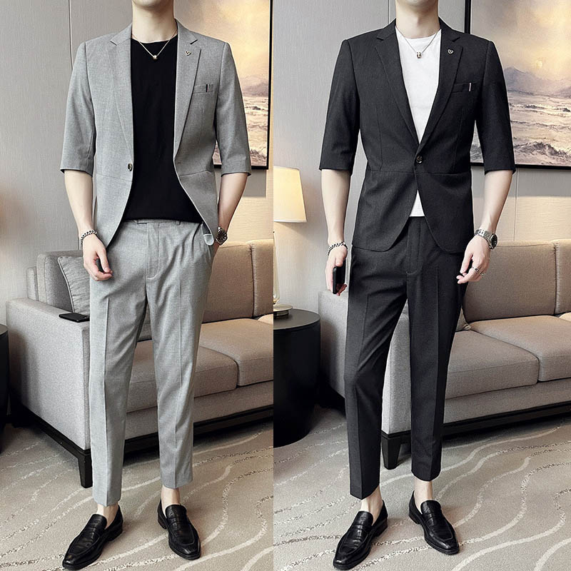 【急速出荷!】半袖 スーツ ジャケット+パンツ メンズスーツ 春夏 セットアップ テーラード ジャケット 1つボタン 七分袖 通勤 ビジネス 紳士服 結婚式 披露宴 パーティー 卒業式 入学式 フォー