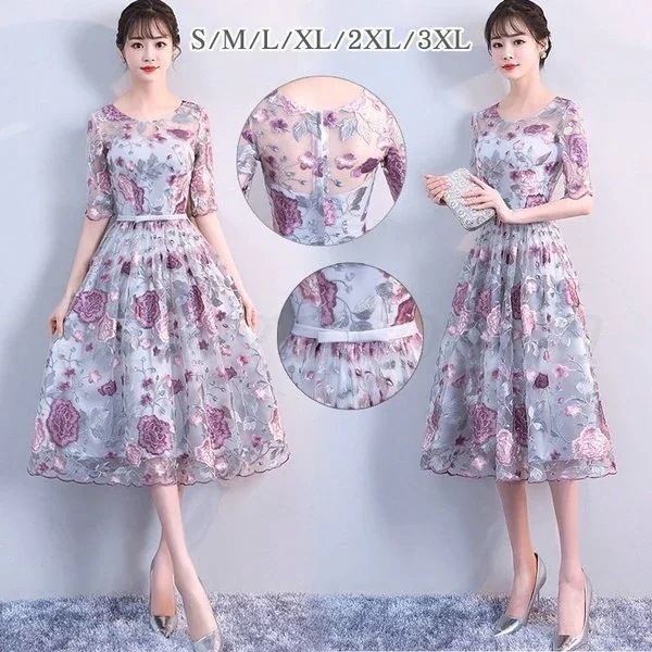 着痩せ ワンピース 花柄 刺繍 パーティードレス 袖あり レース ウエディングドレス 結婚式ドレス