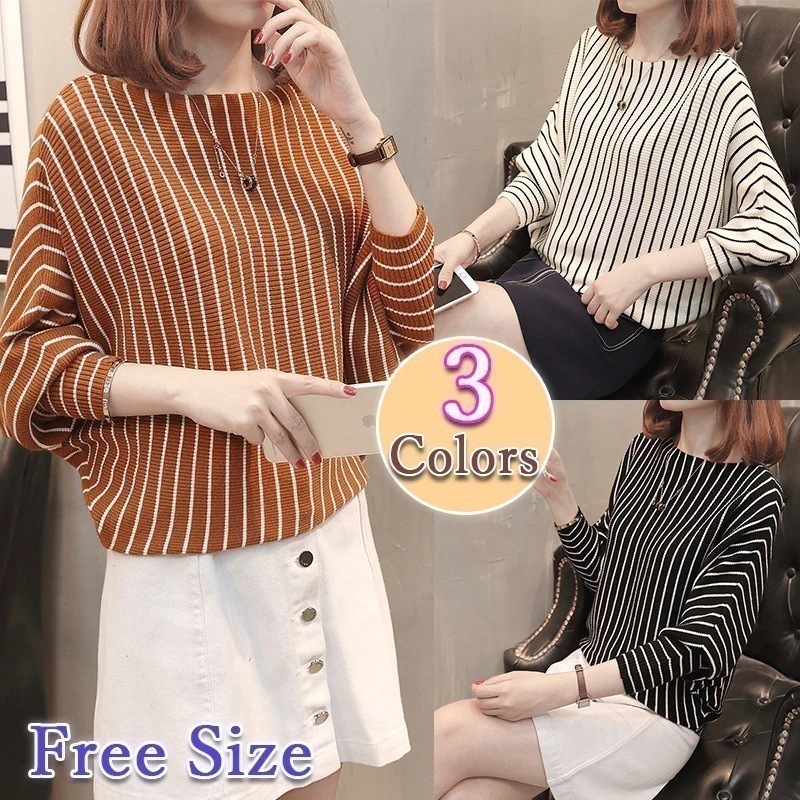 大人気！ ゆったりドルマンスリーブが人気 大人のストライプ柄こなれ感たっぷりニットセーターカットソートップスボトルネックが女性らしい体型カバー細見え韓国ファッションボーダー縞々デイリー
