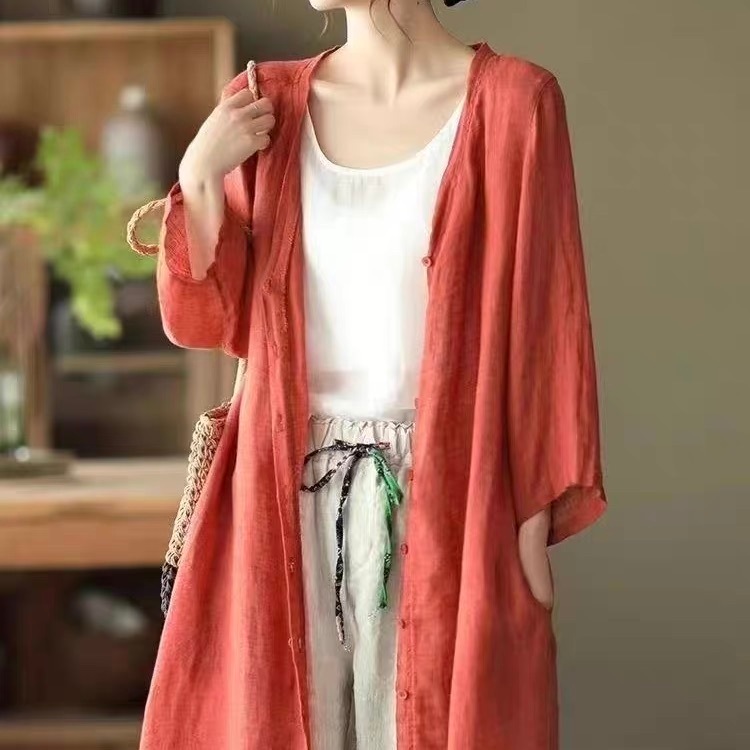 レディース トップス カーディガン 羽織 前開き ロング 7分袖 Vネック フェミニン ストリート 薄手 リネン 綿 異素材ミックス コットン 麻 かわいい 大人可愛い きれいめ シンプル カジュアル